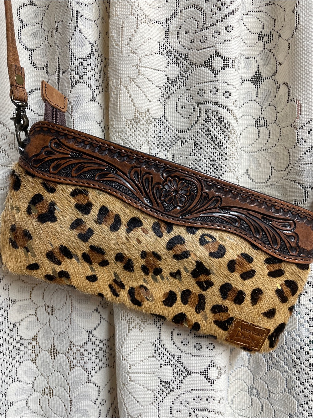 American Darling Leopard Print Clutch with Brown Tooled Trim